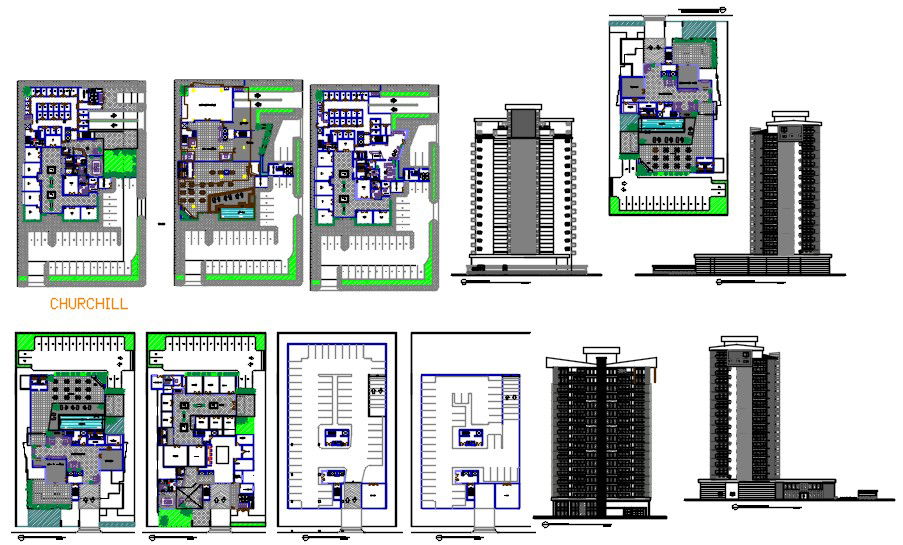 Company building and apartment tower 3d and 2d