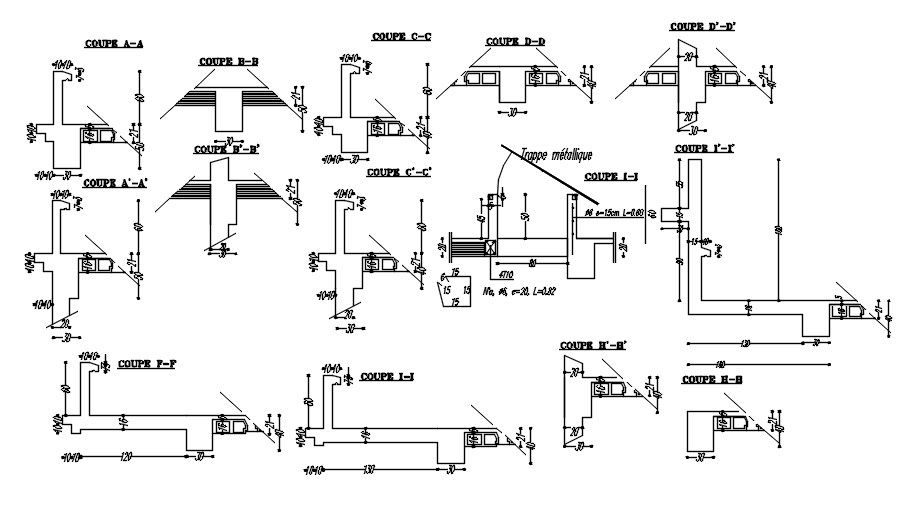 Component of formwork steel batten plan design details in Autocad 2D plan drawing and section plan at various section using dimension details.
