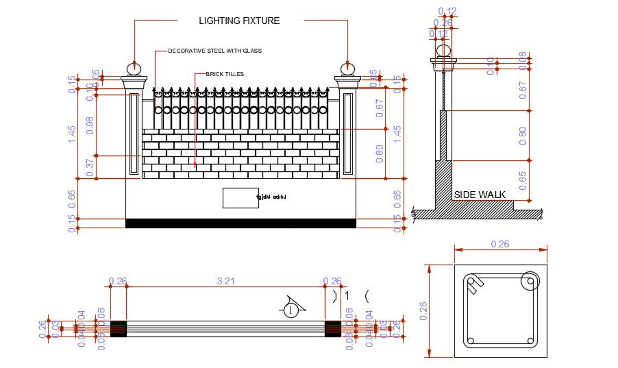 AutoCAD DWG Compound Wall Design with Column Details and Lighting
