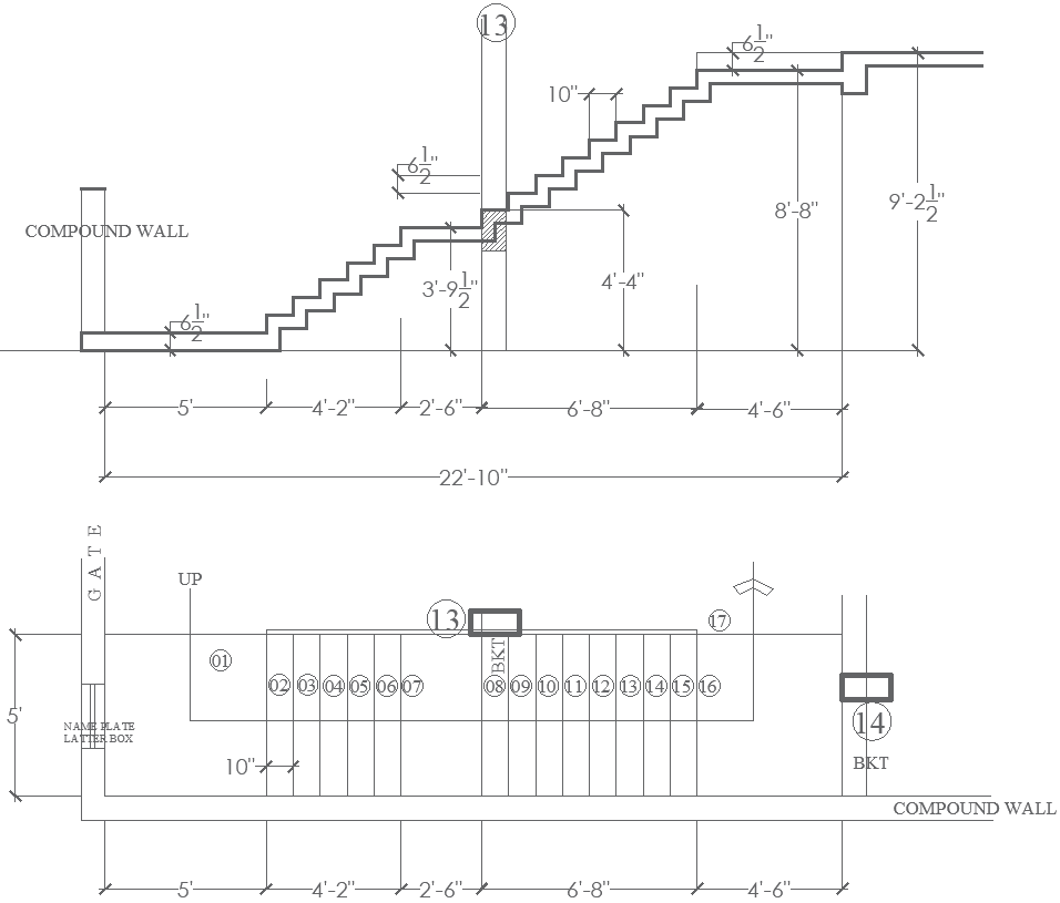 Compound Wall Staircase Section Layout Plan AUTOCAD DWG File 