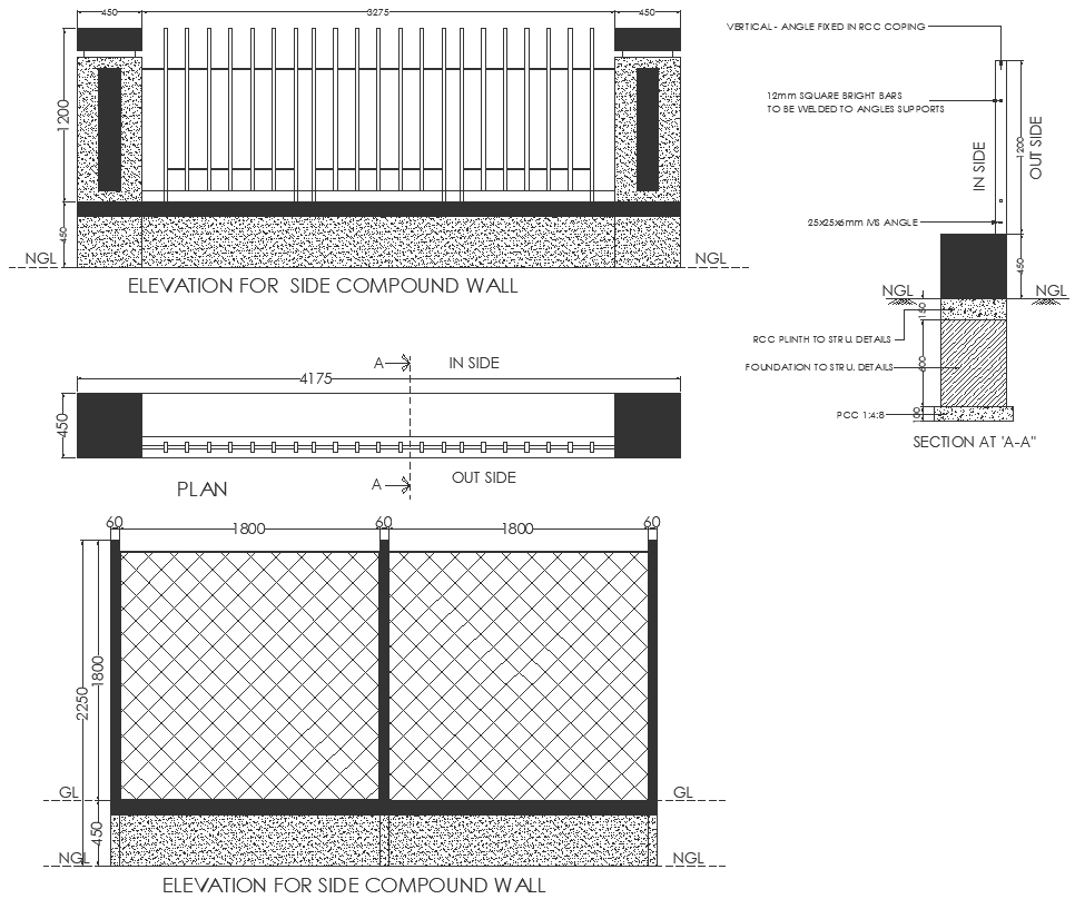 Compound wall plan section and elevation detail DWG AutoCAD drawing