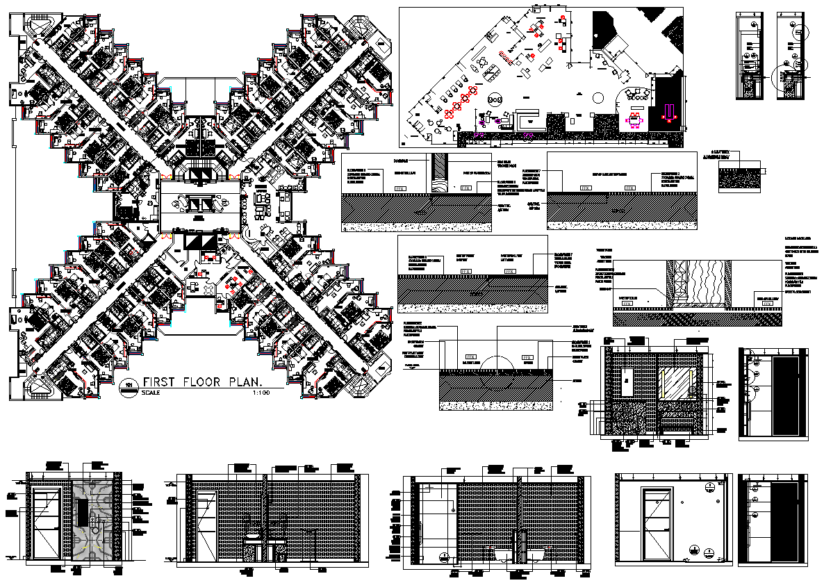 Comprehensive Hotel Architectural Plan with Bathroom Layout - Download 2D DWG AutoCAD File