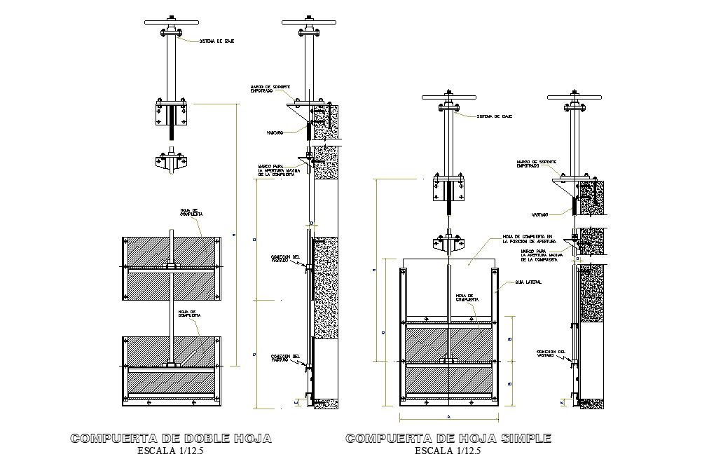 Compuerta de double hoja details are given in this Autocad DWG drawing file. Download the 2D Autocad DWG drawing file.