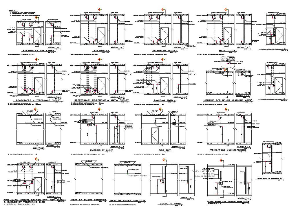 Concealed Ceiling And Wall Electrical Wiring Section Drawing DWG File