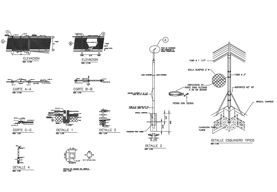 Concrete and iron slab of fence construction details dwg file
