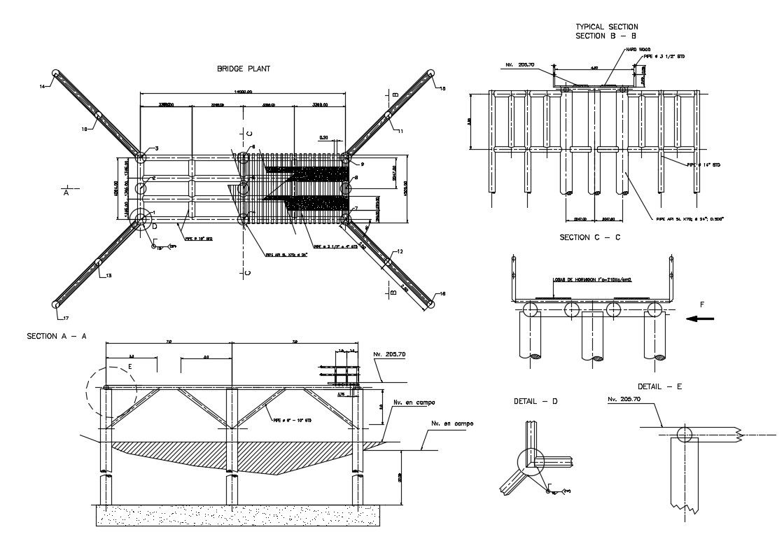 Concrete bridge section, plan and construction details dwg file