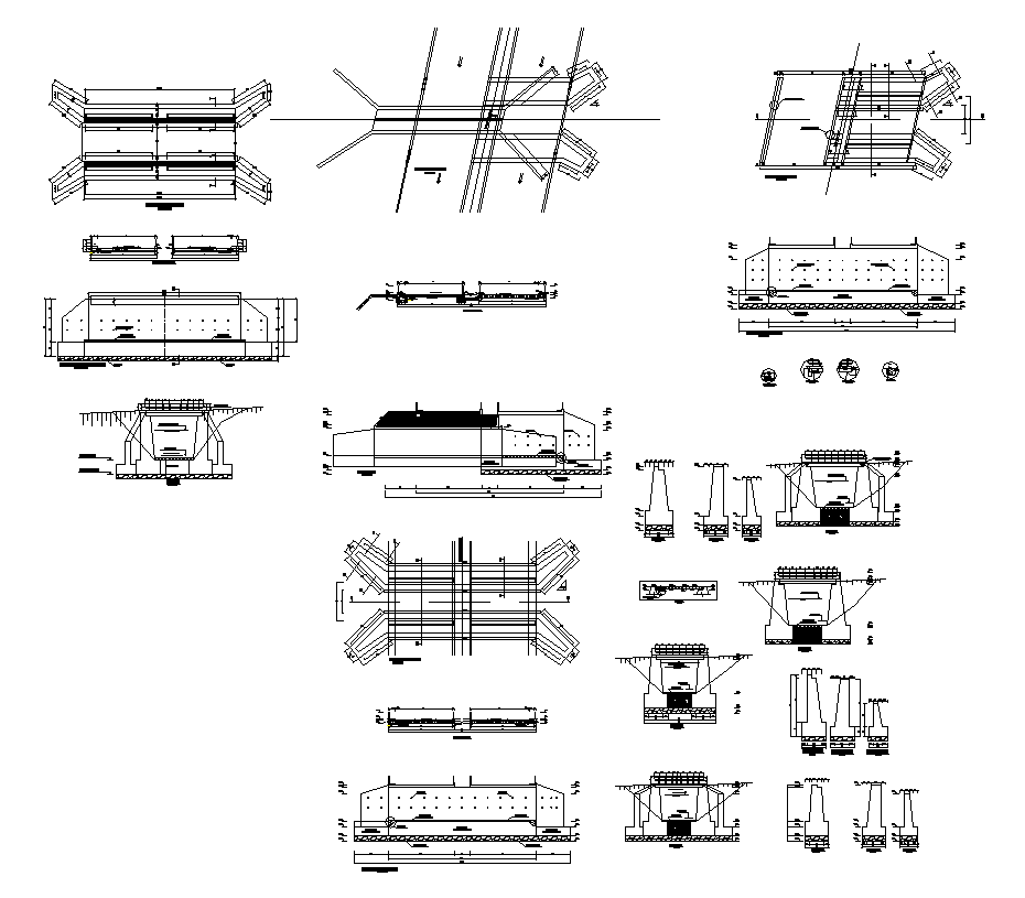 Concrete bridge structure detail elevation and plan 2d view layout dwg file