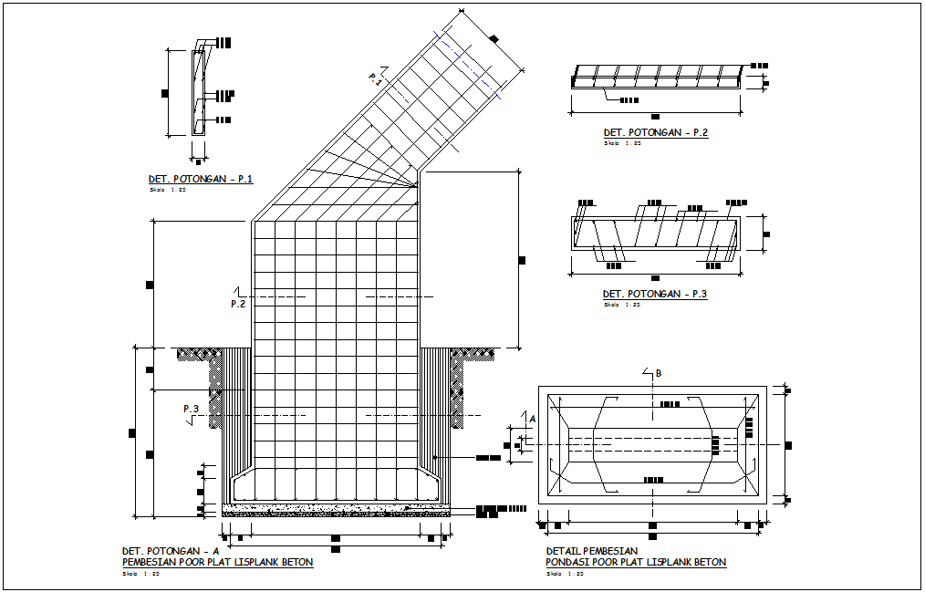 Concrete lank plate ports different section view with construction detail for head quarter dwg file