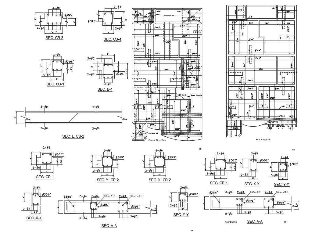 Concrete slab plan and elevation with roof beems for DWG file