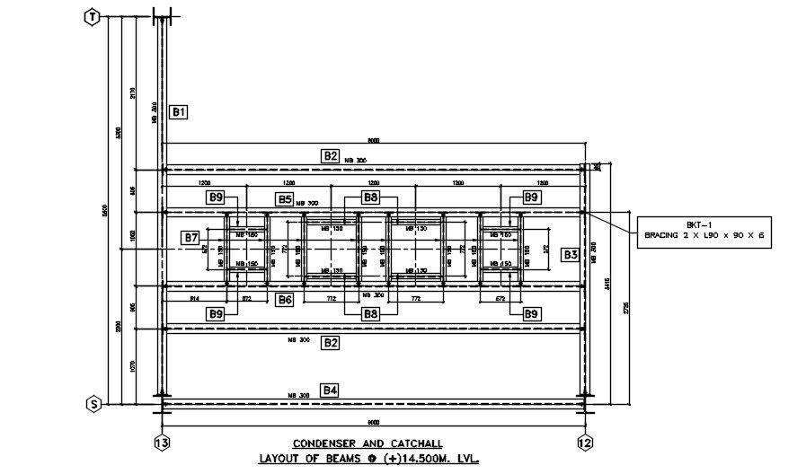 Condenser and catchall layout of beams are provided in this AutoCAD DWG drawing. Download the AutoCAD 2D DWG file.