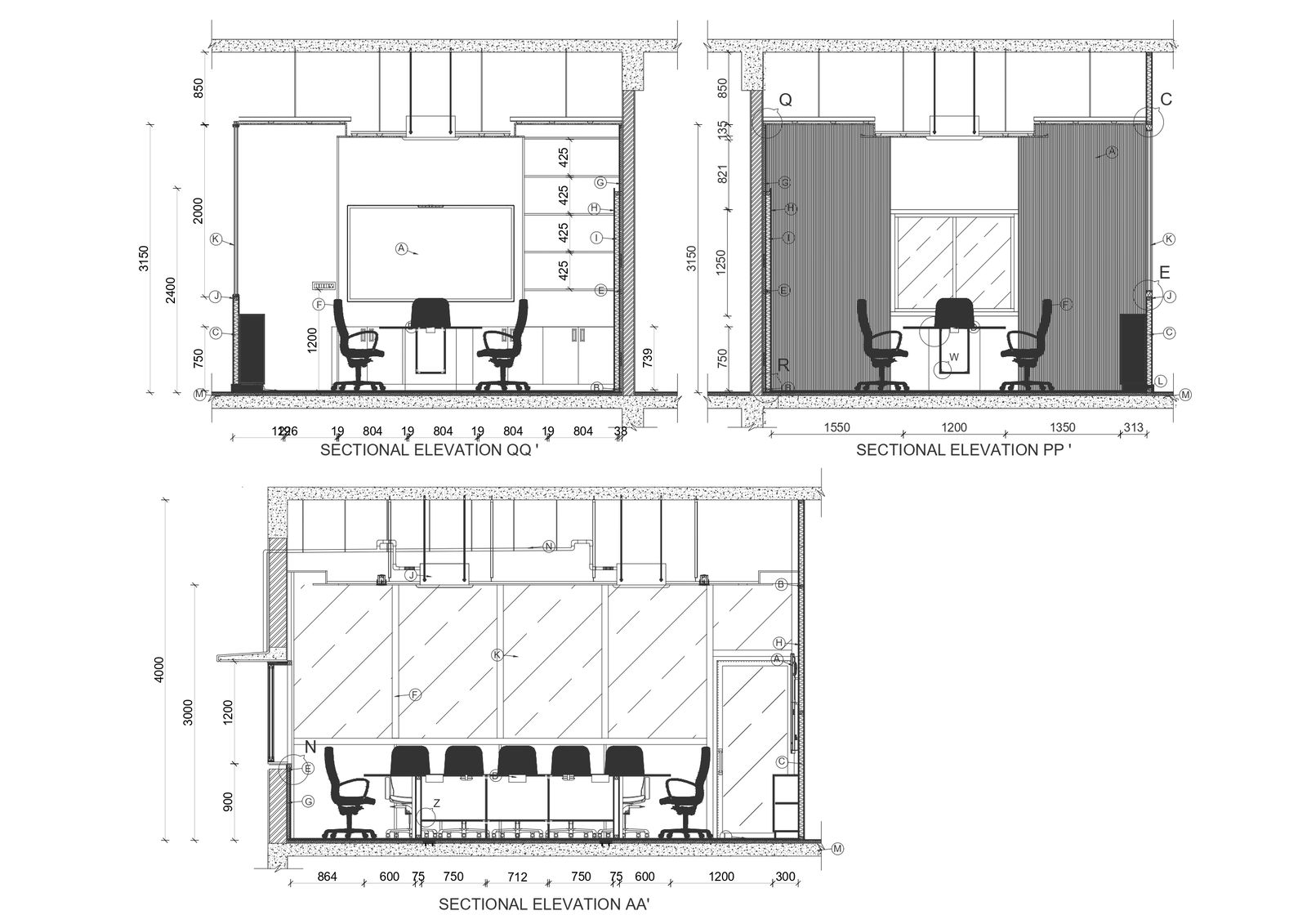 Conference room elevation design with furniture details and section details dwg autocad drawing .