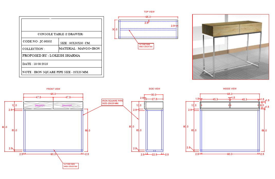 2D DWG Drawing of 95x30x80 CM Console Table Design