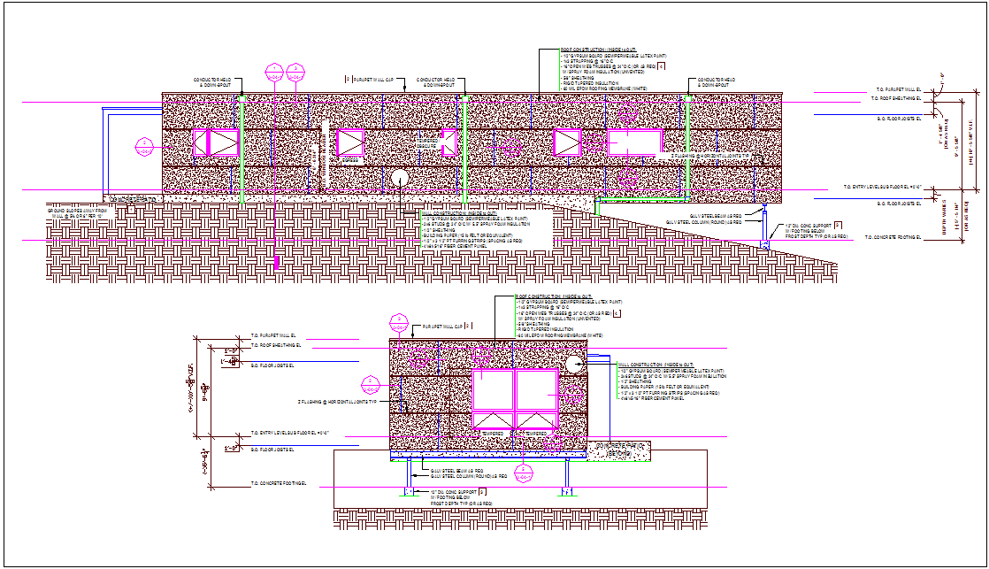 Construction design view of building elevation view dwg file