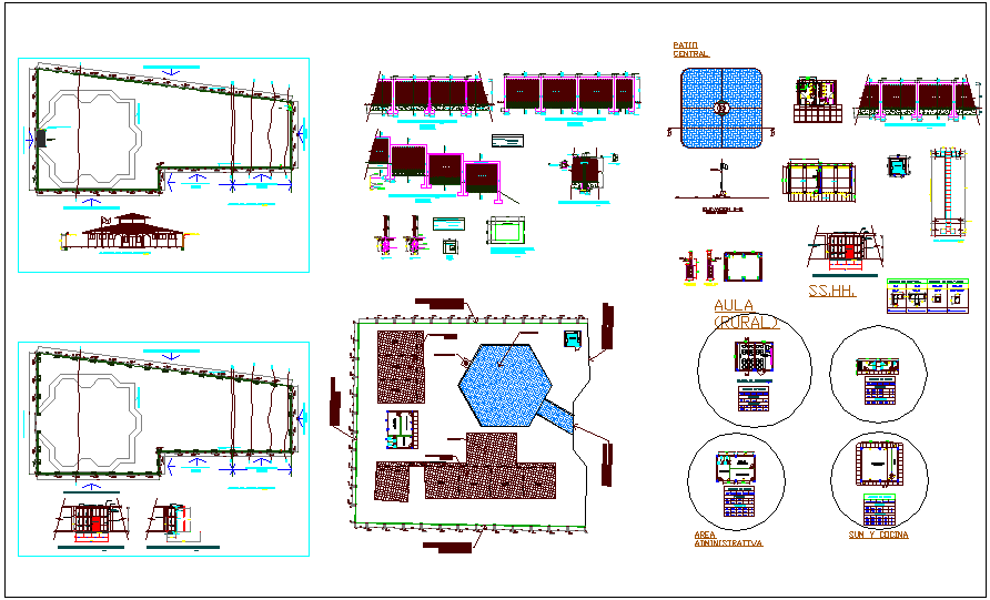 Construction design view of education center with plan and detail view dwg file