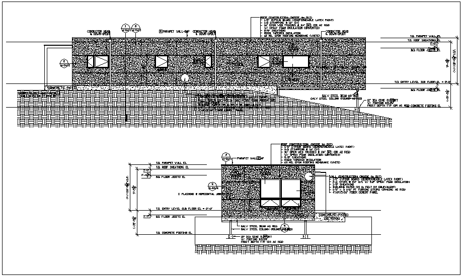 Construction design view with elevation for roof dwg file