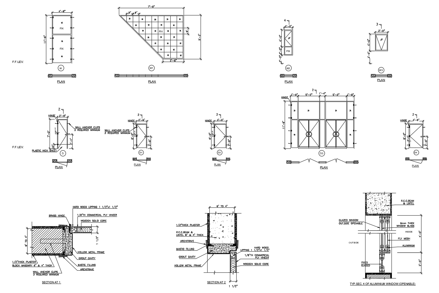 Construction detail of door and windows in dwg file