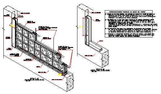 Construction detail of glass block partition design drawing