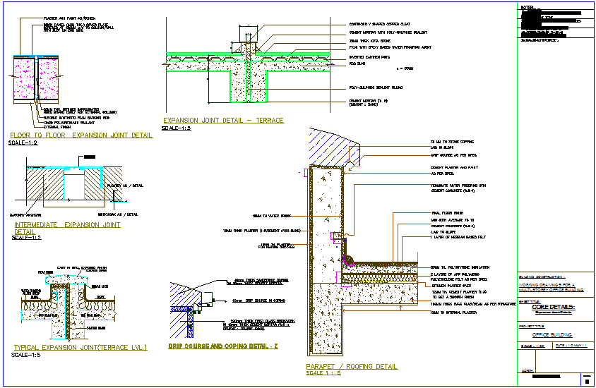Construction detail of roofing with expansion joint of office building dwg file