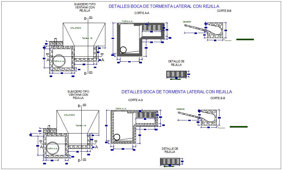 Construction detail of side storm mouth with grid dwg file
