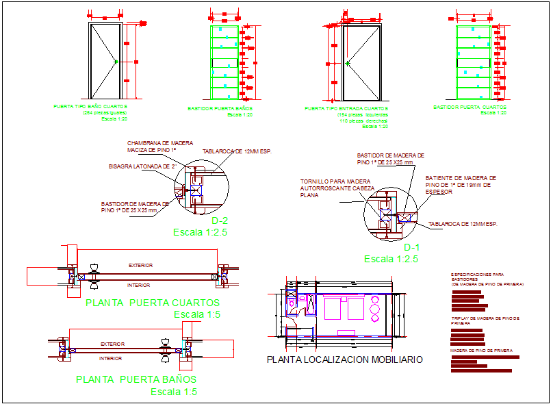 Construction detail of wood door with view of door