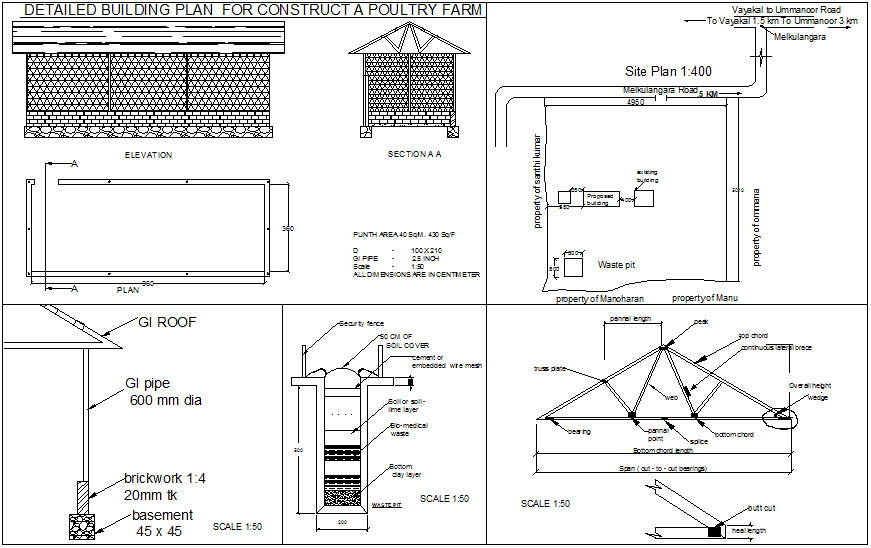 Construction detail view of poultry farm plan with detail dwg file