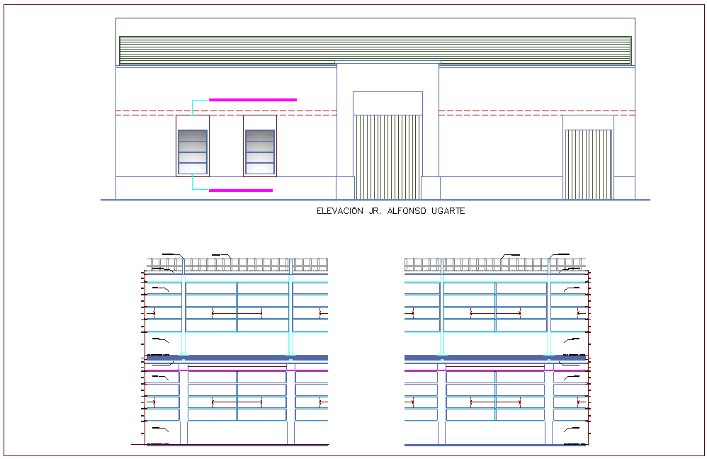 Construction detail view with elevation and different axis section view dwg file