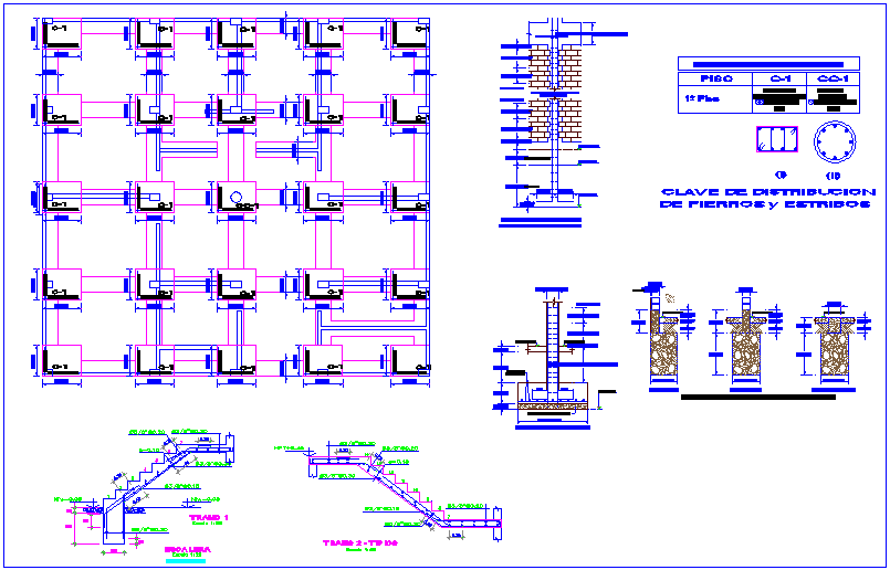 Construction detail view with stair and column for training center dwg file