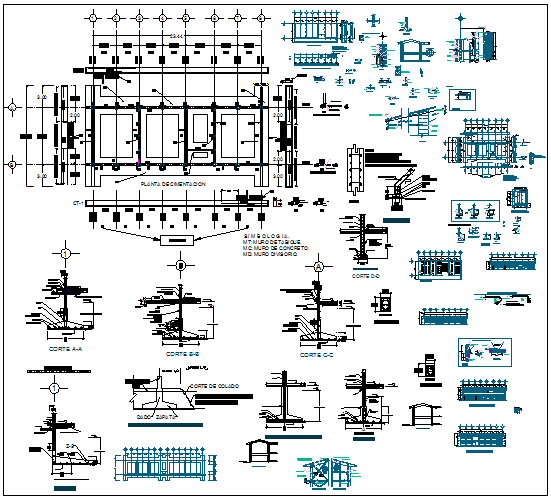 Construction detail with plan and section view of school classroom dwg file
