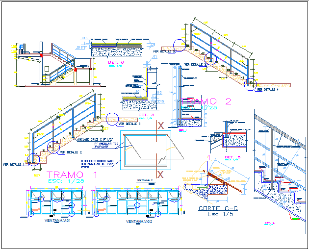 Construction detail with stair and wall for education center dwg file