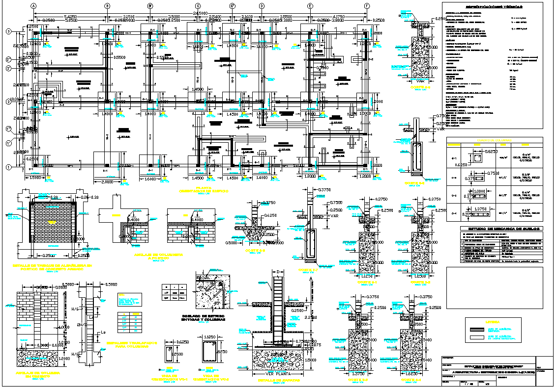 Construction detail with wall and column view of education center dwg file