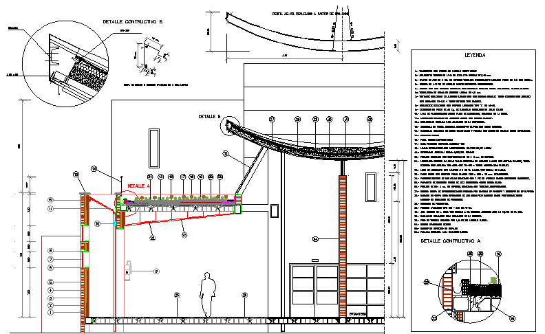 Construction details of curved roof garden dwg file