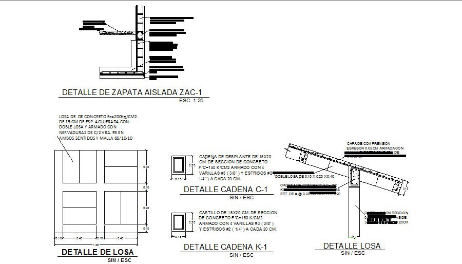 Construction details of footings and concrete slab dwg file