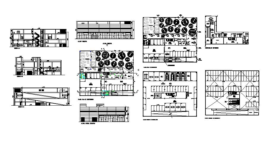 Construction plan of an office building with different section and elevation in AutoCAD
