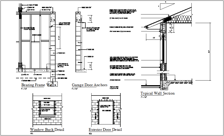 Construction view of bearing frame and garage door anchor detail dwg file