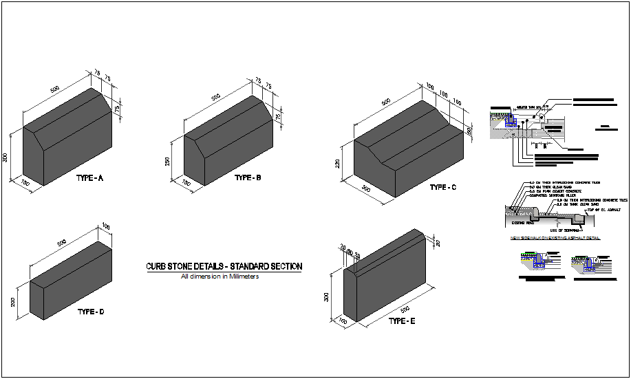 Construction view of curb stone detail dwg file