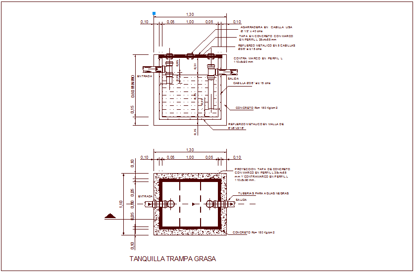 Construction view of grease tank with plan and elevation dwg file