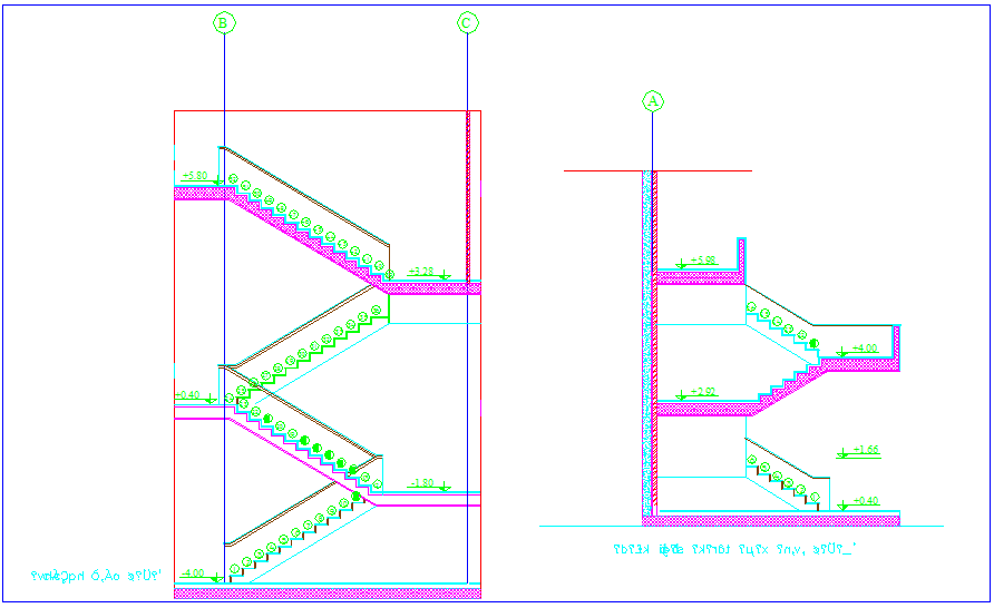Construction view of stair view for hotel design dwg file