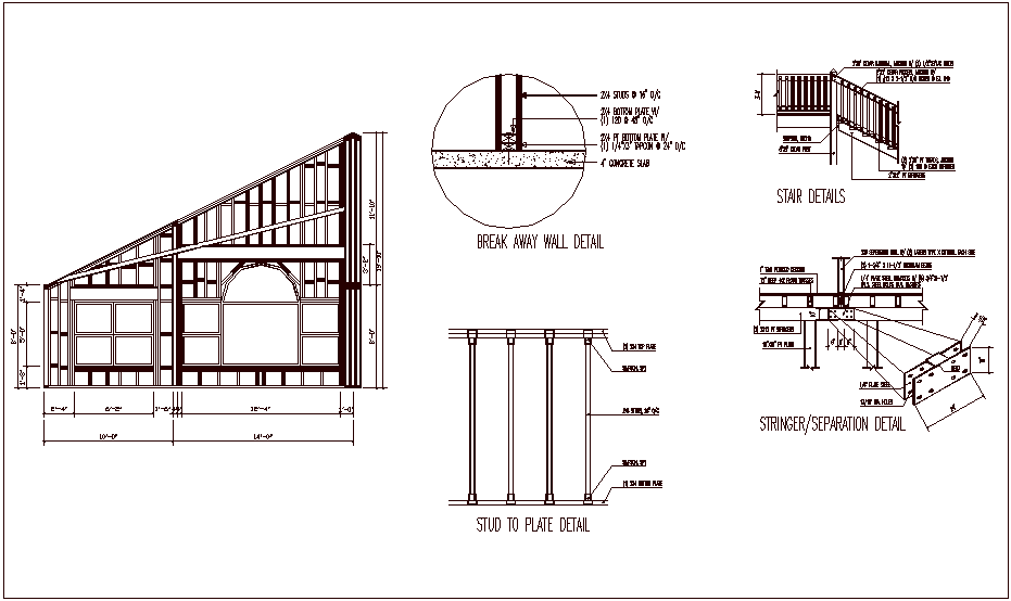 Construction view of wall,stair and stringer dwg file
