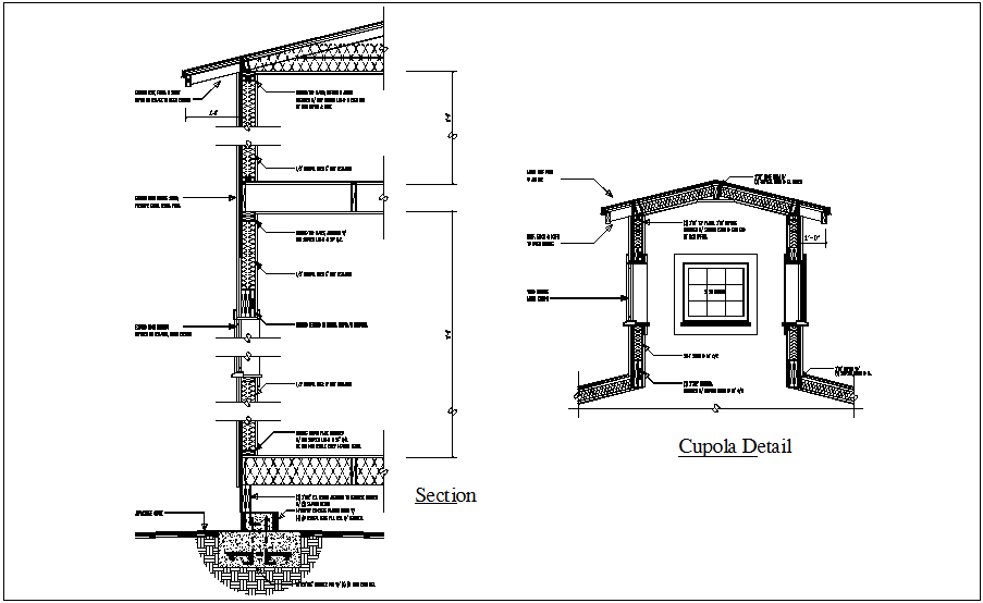 Construction view of wall and cupola detail dwg file