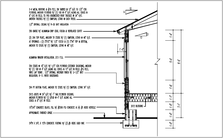 Construction view of wall and roofing view dwg file