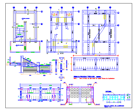 Construction view with foundation plan,stair and wall view of school dwg file