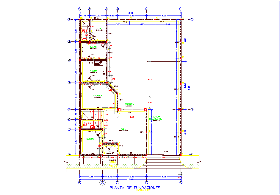 Construction view with foundation plan of house for two level dwg file