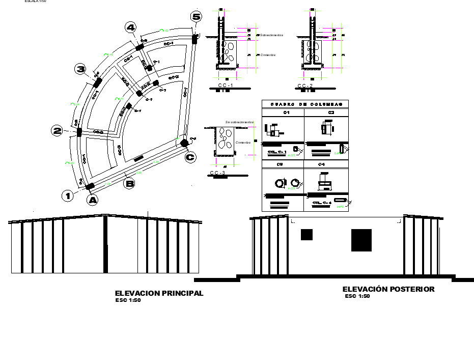 Construction view with plan,elevation and detail view of column dwg file
