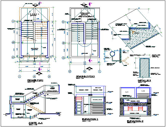 Construction view with plan,elevation and section view of school dwg file