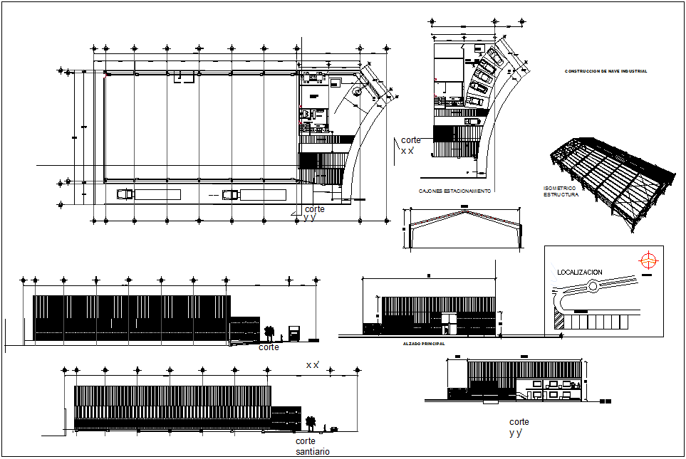 Construction view with section view of industrial ware house dwg file