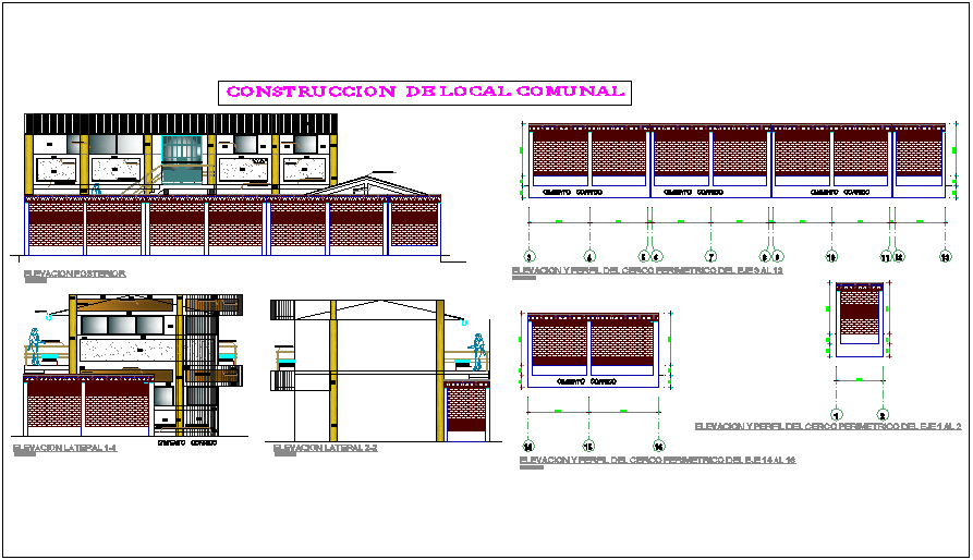 Construction view with wall detail of community center dwg file