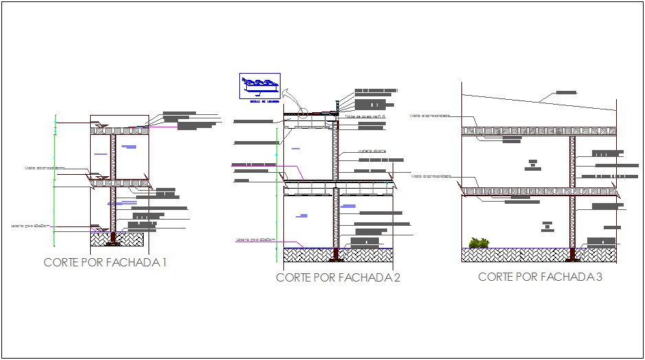 Construction view with wall detail of sectional elevation view for clinic dwg file