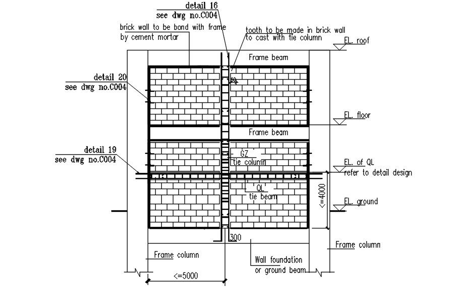 Construction of brick wall in detail AutoCAD 2D drawing, dwg file, CAD file