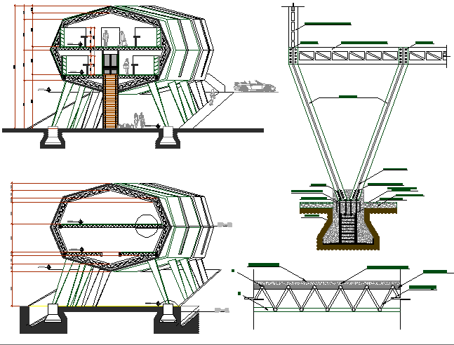 Constructive and sectional details of shopping center project dwg file