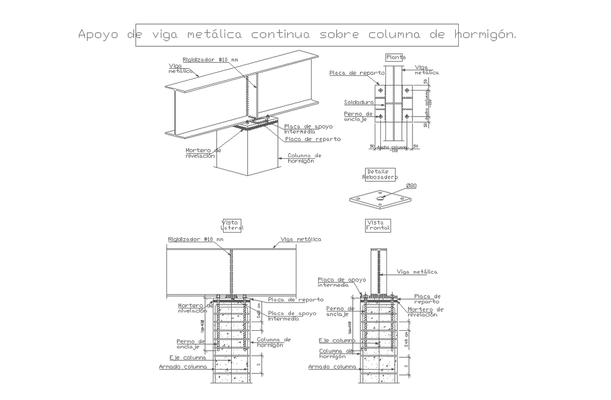 Constructive steel beam support on concrete column detail plan